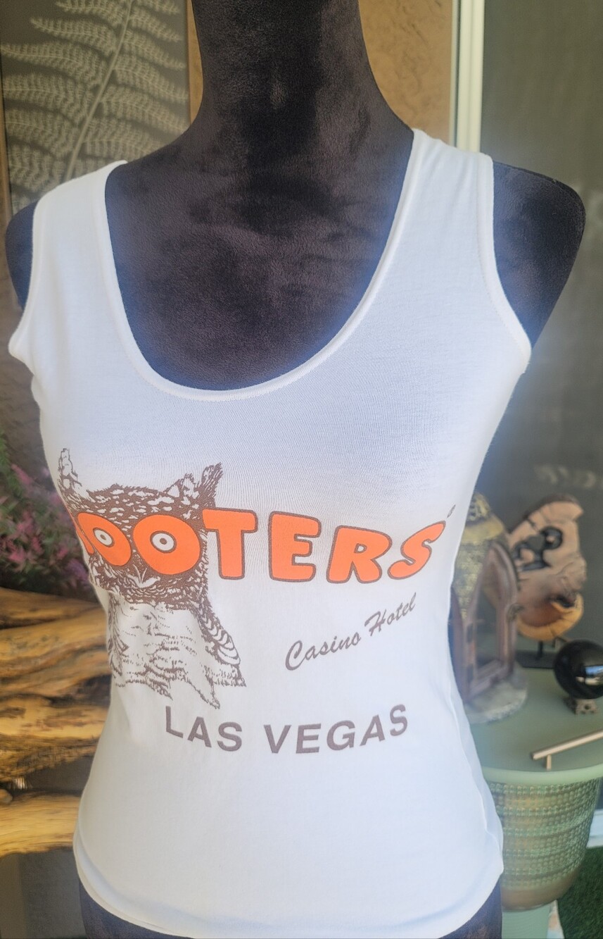 Hooters White Tee with Bright Orange Logo and Brown Owl Graphic